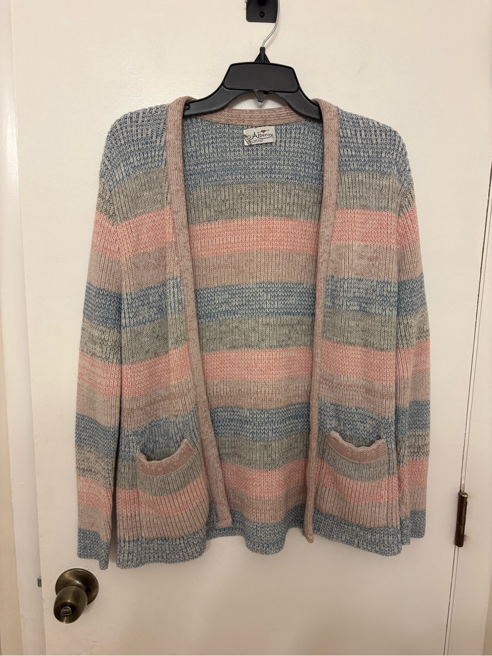 VTG Alberoy Pastel Striped Cardigan Knit Sweater Pockets Fisherman Ribbed M
